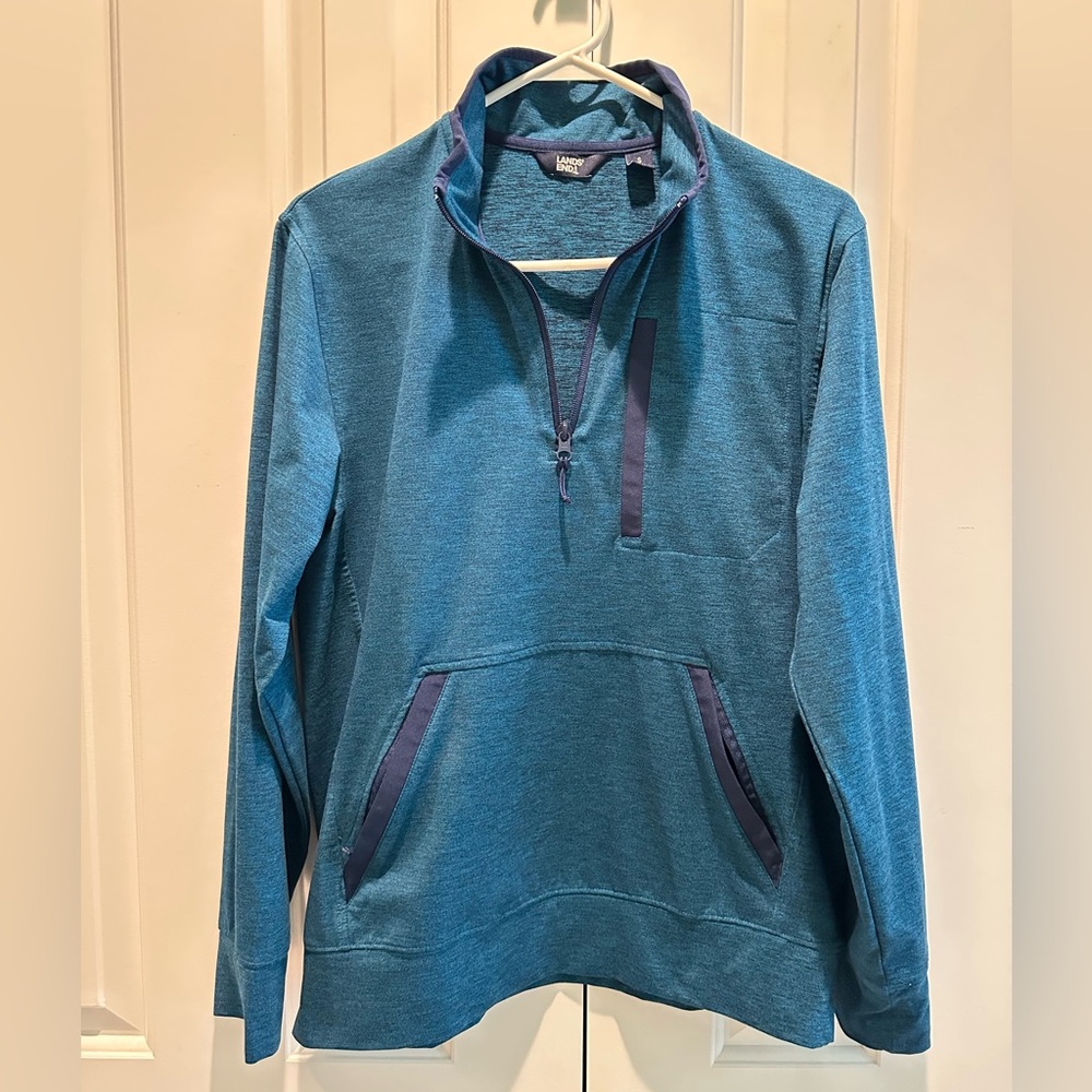 Lands End Men’s 1/4 Quarter Zip Athletic Pullover Blue Heathered 3 pocket S